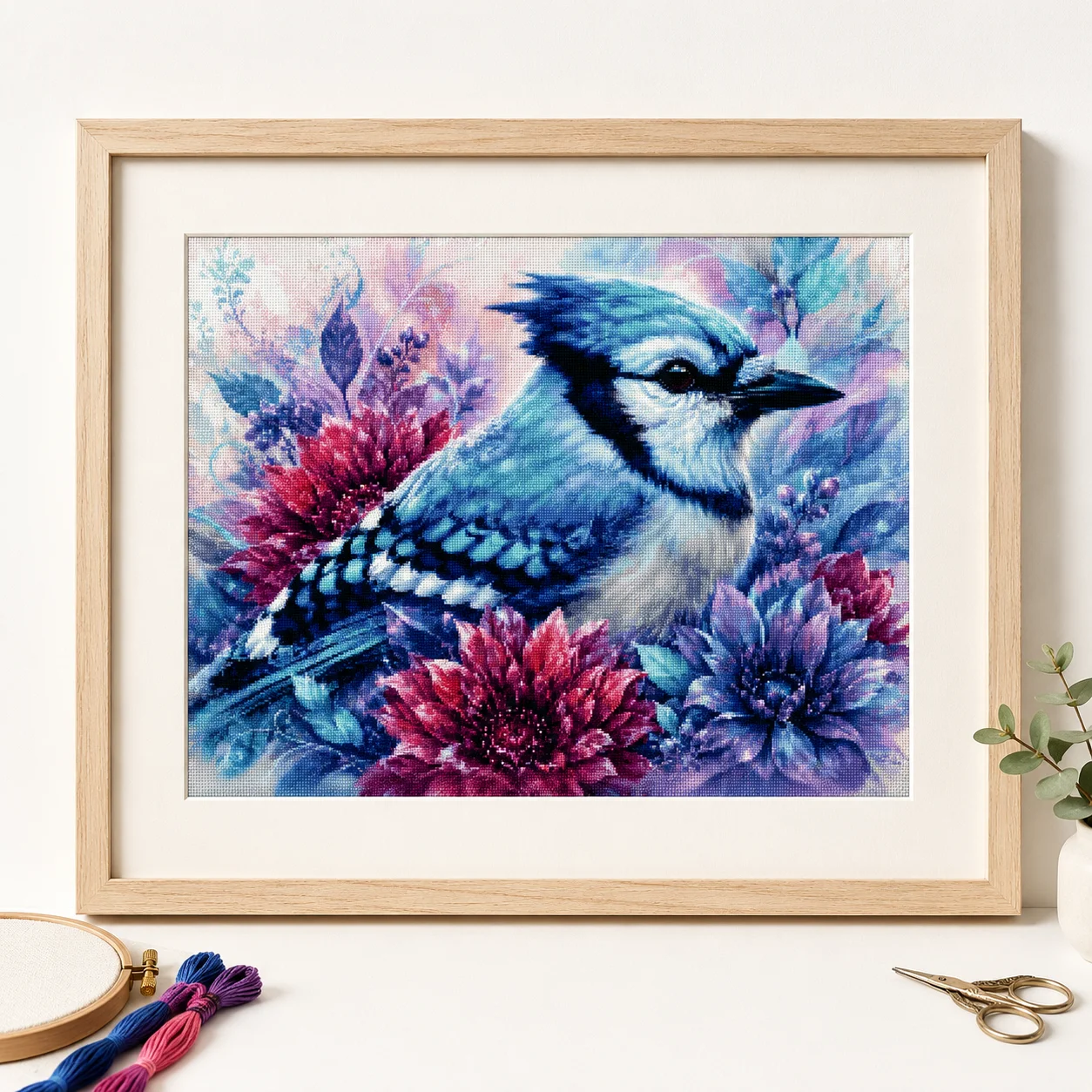 Cross Stitch Stamped Kits Beginners - [ZZ8680-Blue Jay] | Beginner DIY Stamped