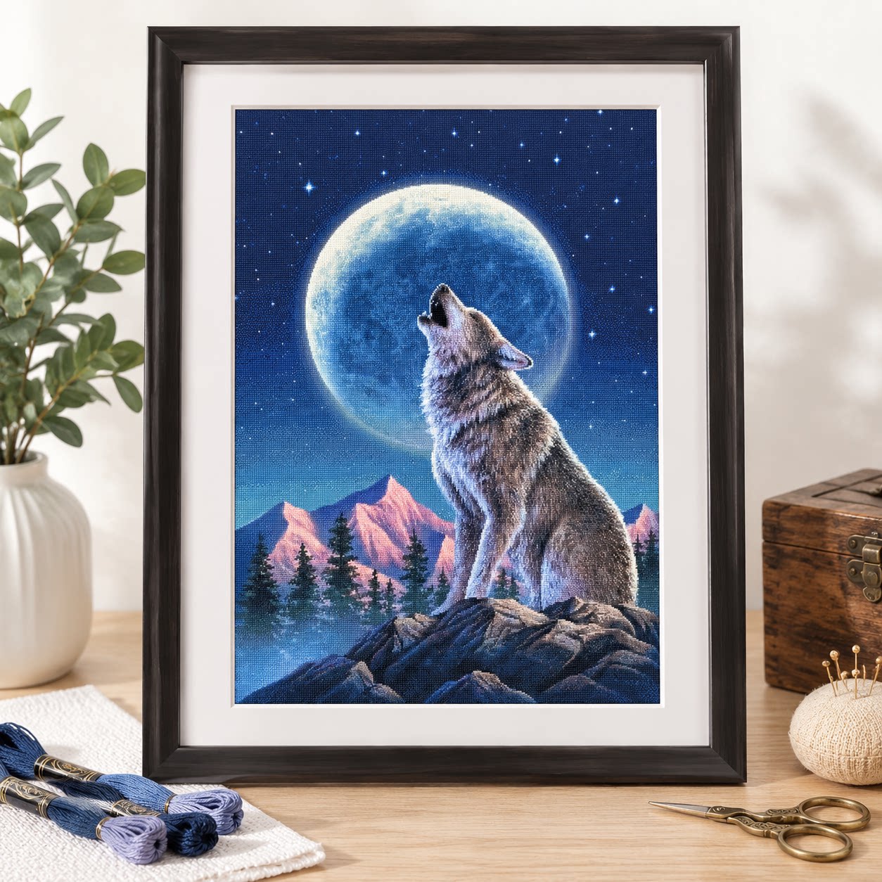 [ZZ9252-Lone Wolf Under the Mo - đánh giá và giá Cross Stitch Stamped Kits Beginners